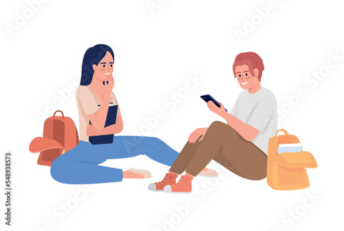 Students resting after lessons semi flat color vector characters. Editable figures. Full body people on white. Friends simple cartoon style illustration for web graphic design and animation