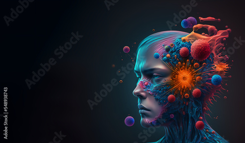 Immunotherapy and immune system concept with 3D human face and viruses and microbes 3d rendering