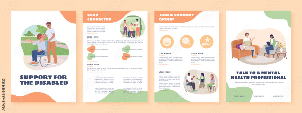 Support for disabled flat vector brochure template. Booklet, leaflet printable flat color designs. Editable magazine page, reports kit with text space. Sigmar One, Balsamiq Sans, Comfortaa fonts used