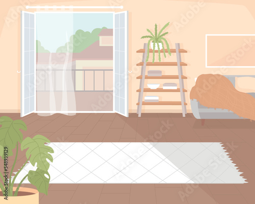 Living room with balcony flat color vector illustration. Comfortably furnished residence. Open terrace with curtain. Fully editable 2D simple cartoon interior with cityscape on background