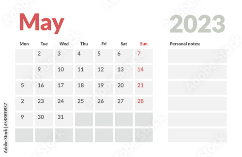 Calendar Template of may 2023 with place for notes. Vector layout simple calendar with week start monday.
