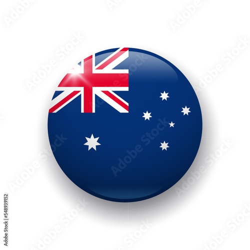 Realistic glossy button with flag of Australia. 3d vector element with shadow underneath. Best for mobile apps, UI and web design.
