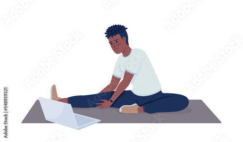 Man doing stretching exercises near laptop semi flat color vector character. Editable figure. Full body person on white. Workout simple cartoon style illustration for web graphic design and animation