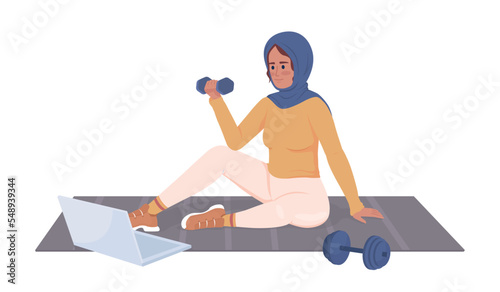 Instructor showing exercises semi flat color vector character. Editable figure. Full body person on white. Online training simple cartoon style illustration for web graphic design and animation