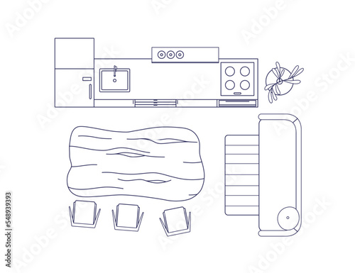Dining table, kitchen set and sofa in room, top view. Overhead furniture for ...