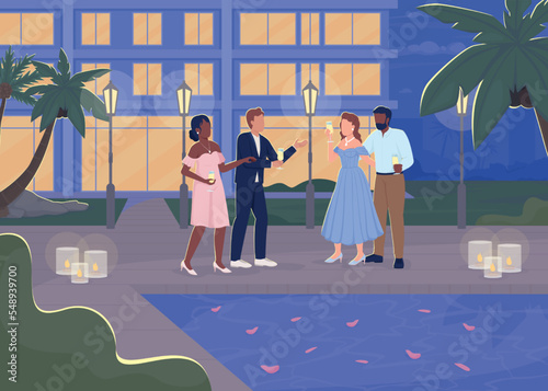 Fancy evening party near swimming pool flat color vector illustration. People in luxury attire drinking and chatting. Fully editable 2D simple cartoon characters with lighted building on background