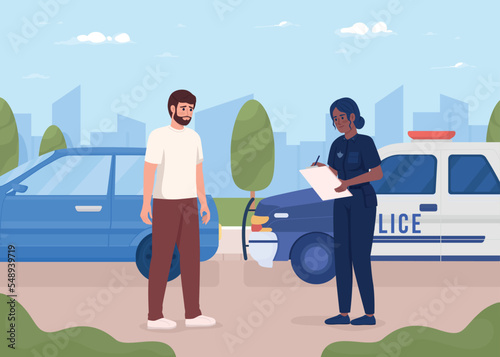 Worried bearded man pulled over by police officer flat color vector illustration. Writing out traffic ticket for violation. Fully editable 2D simple cartoon characters with cityscape on background