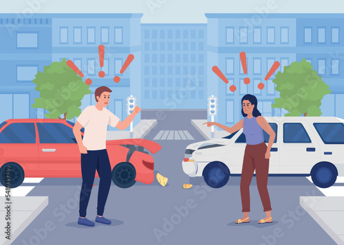Quarrel due to cars collision flat color vector illustration. Angry woman and man blaming each other. Conflict. Fully editable 2D simple cartoon characters with downtown streets on background