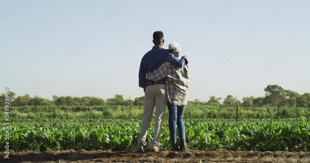 Farmer couple hug, agriculture and farming land in countryside, man and woman back view with sustainability and environment. Plant, harvest and organic with nature and farm, growth with blue sky. Farmer couple hug, agriculture and farming land in countryside, man and woman back view with sustainability and environment. Plant, harvest and organic with nature and farm, growth with blue sky.