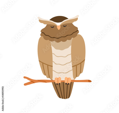 Cute owl sleeping, sitting on branch. Feathered night bird asleep on tree twig. Adorable sleepy birdie relaxing, drowsing. Owlet dreaming. Flat vector illustration isolated on white background