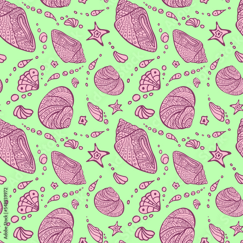 Green and pink Maori shell random repeat seamless pattern. Zen tangle Polynesian conch endless texture. Sea irregular boundless background. Stylized ocean surface design. Marine chaotic ornament