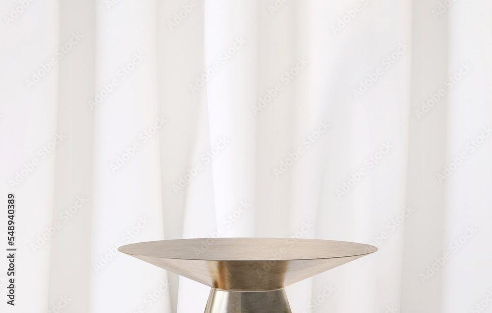 Modern and luxury gold colored round shiny pedestal podium steel in sunlight from window with white curtain in background for product display - obrazy, fototapety, plakaty 