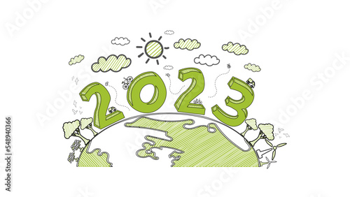 2023 New year, Eco friendly, Sustainability planning concept with globe and World environmental green doodle icons drawing set on white background ,Vector illustration