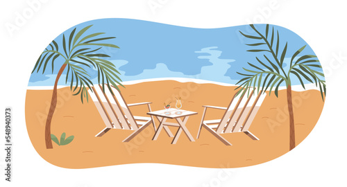 Chaise-longue, table at luxury sea resort in summer. Empty deckchairs on modern paid beach. Private deck chairs, sunbeds for couple. Flat graphic vector illustration isolated on white background