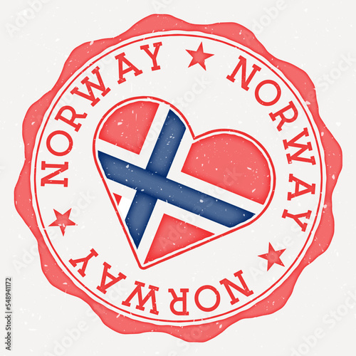 Norway heart flag logo. Country name text around Norway flag in a shape of heart. Attractive vector illustration. photo