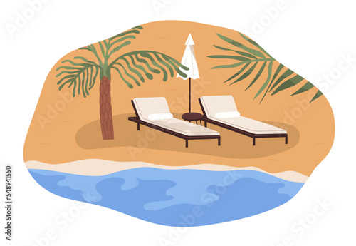 Tableau sur toile Luxury sand beach, sea resort with two chaise longues, deck chairs
