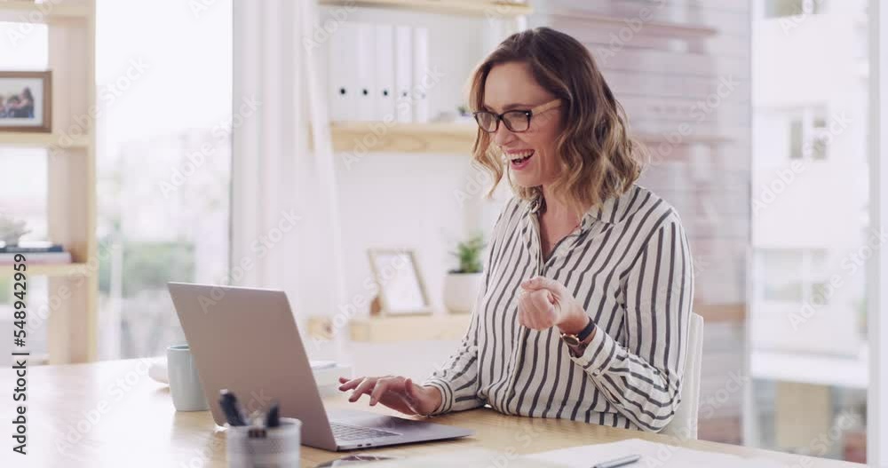Freelance, excited woman and laptop to celebrate success, win or online competition, bonus or investment with home wifi. Remote work, celebration and results of female entrepreneur in Canada Freelance, excited woman and laptop to celebrate success, win or online competition, bonus or investment with home wifi. Remote work, celebration and results of female entrepreneur in Canada