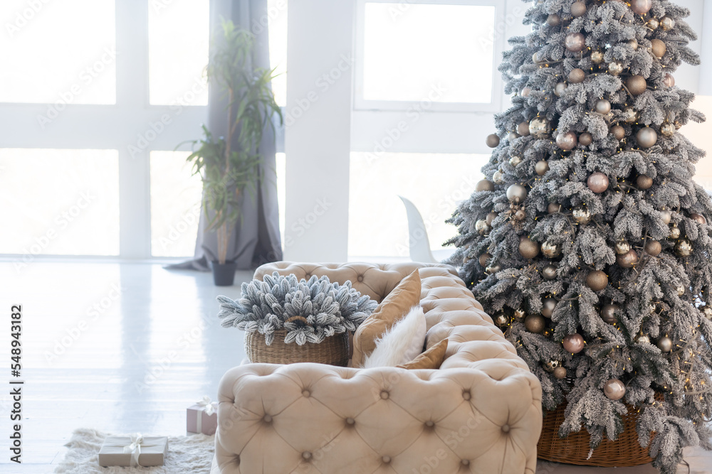 Fototapeta premium Beautiful living room interior with Christmas tree