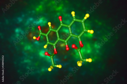 Diacerein is a symptomatic slow-acting drug in osteoarthritis with anti0imflammatory, anti-catabolitic and pro-ababolitic properties. Molecular model. Scientific background. 3d illustration photo