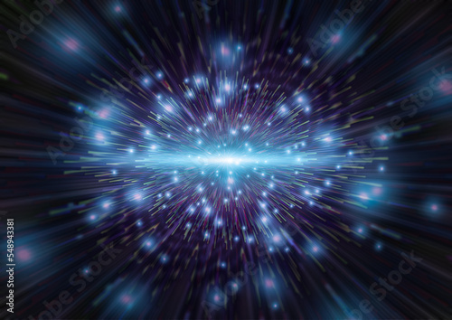 Exploding space with stars background. Big Bang in a galaxy of an unknown universe illustration. Explosion abstract of new energy tech elements. Technology, Science, Astronomy concept