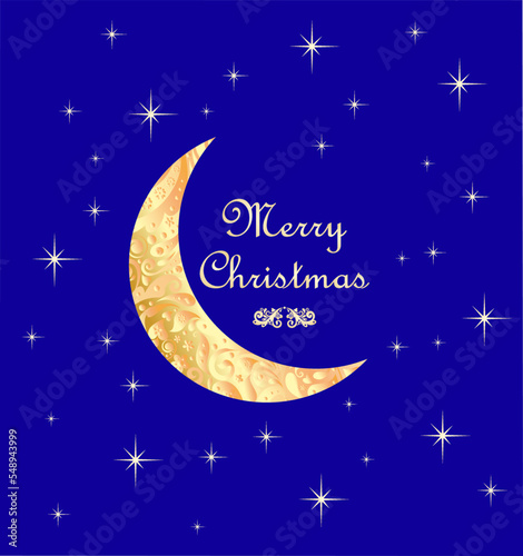 Christmas navy blue starry greeting card with gold decorative crescent