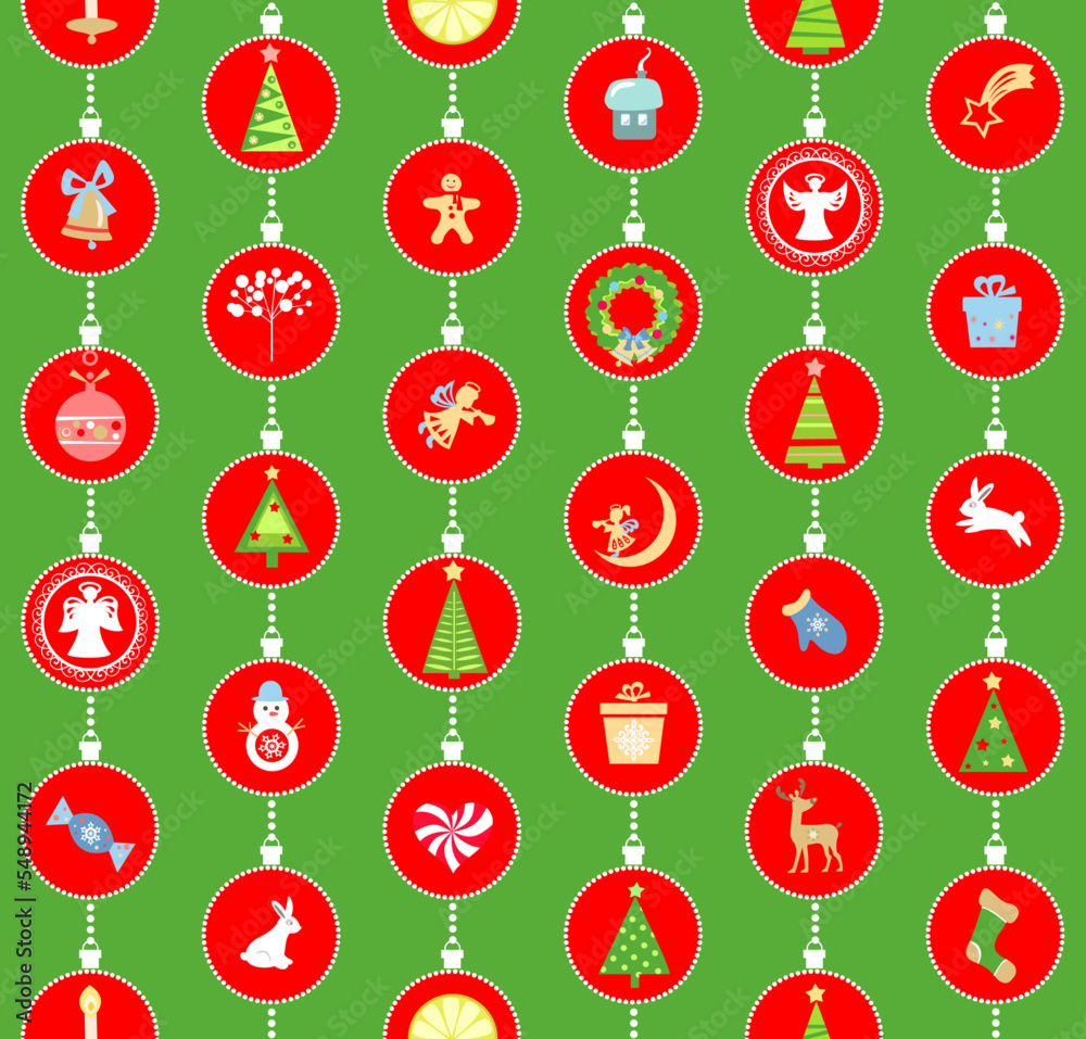 Green red craft Christmas seamless wrapping paper with paper cutting angels, bunny, jingle bell, gift, reindeer, gingerbread, candy, candle, snowman, firs, xmas wreath and xmas tree
