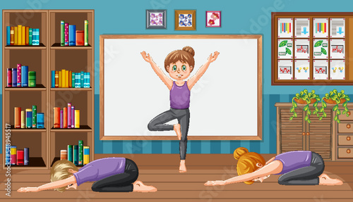 People doing yoga in yoga studio scene