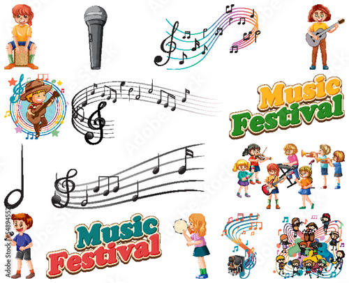 Kids musical instruments and music symbols set