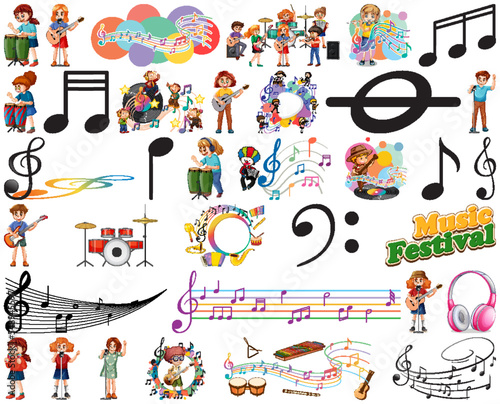 Kids musical instruments and music symbols set