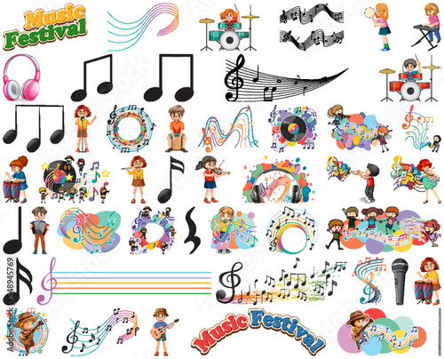 Kids musical instruments and music symbols set