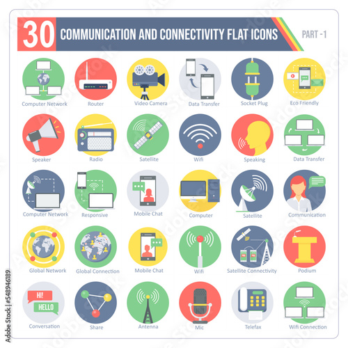 A set of 30 icons for Communication and Connectivity including Computer Network,Router,Data Transfer