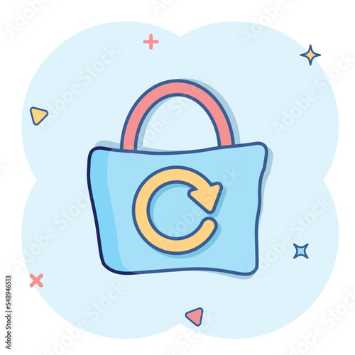 Eco bag icon in comic style. Ecobag cartoon vector illustration on white isolated background. Reusable shopper splash effect sign business concept.
