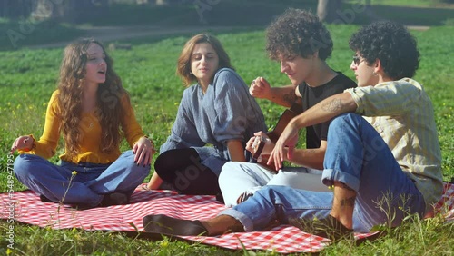 a day at park - group of friends at park have fun singing and playing guitar