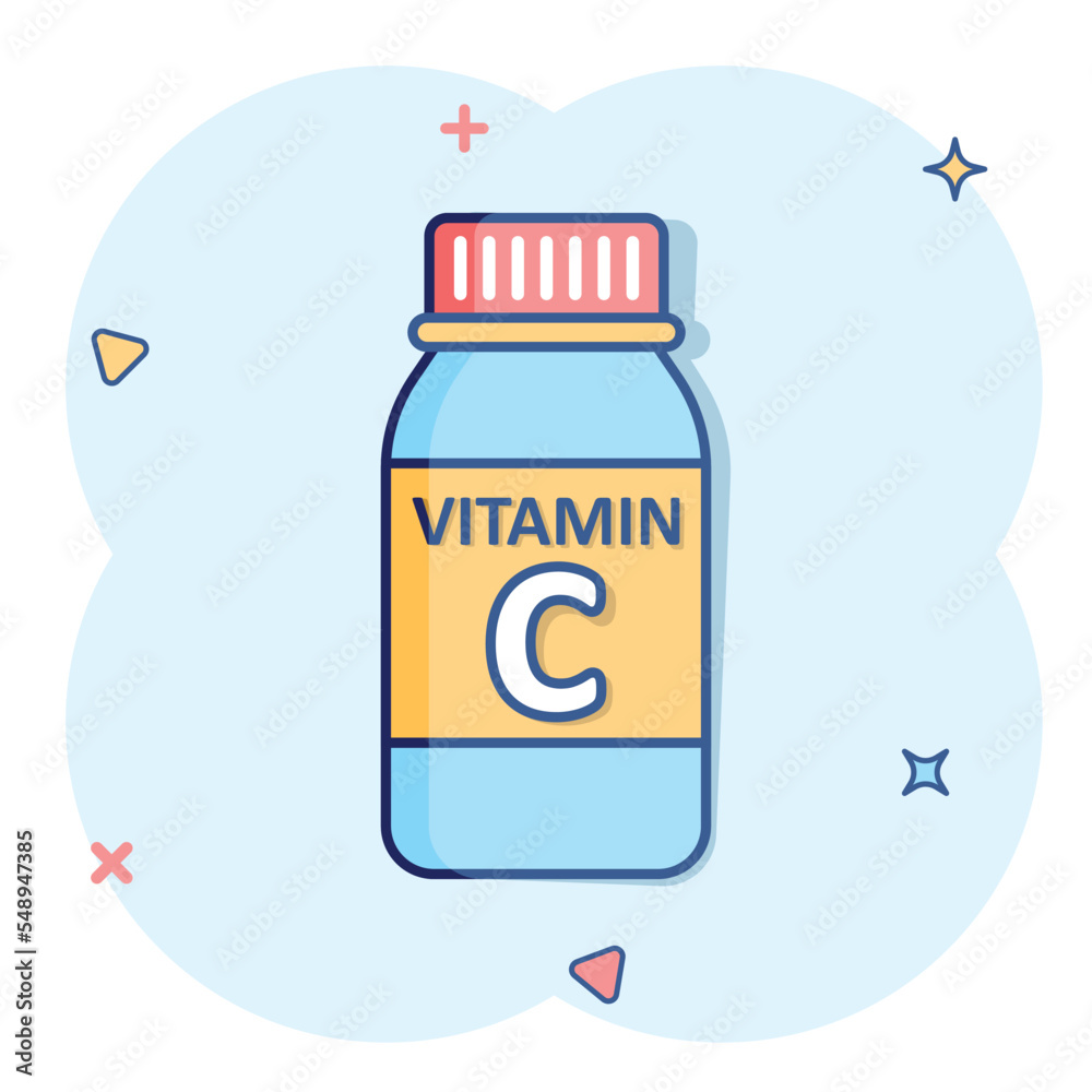 Vitamin C icon in comic style. Bottle with pill cartoon vector illustration on white isolated background. Pharmacy sign business concept splash effect. Vitamin C icon in comic style. Bottle with pill cartoon vector illustration on white isolated background. Pharmacy sign business concept splash effect.