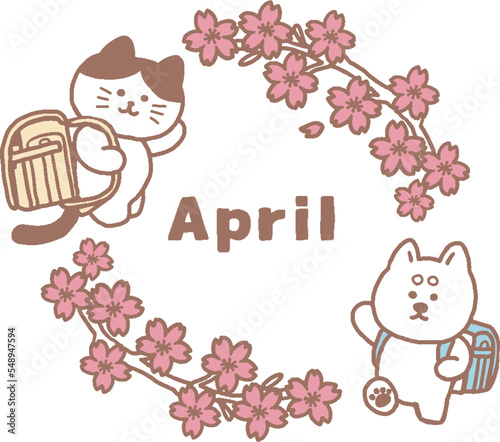 猫と犬の英語節分4月イラストパステルカラー