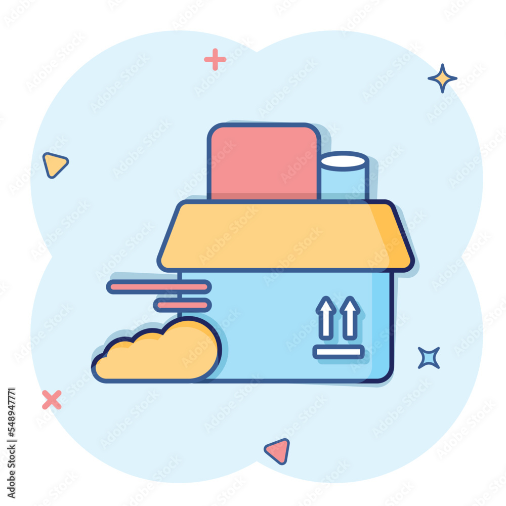 Open cardboard icon in comic style. Shipping box cartoon vector illustration on isolated background. Container sign business concept splash effect.