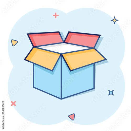 Open cardboard icon in comic style. Shipping box cartoon vector illustration on isolated background. Container sign business concept splash effect.