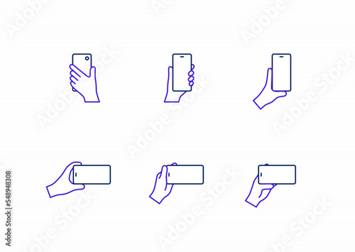 hand holding phone icon set: hands hold mobile phone vertical and horizontal positions. editable stroke vector illustration