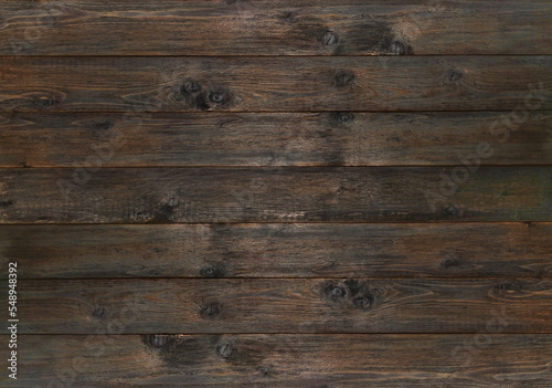 Vintage brown wood background texture with knots. Old wood wall. Brown abstract background. Vintage wooden dark horizontal boards. Front view with copy space. Background for desktop