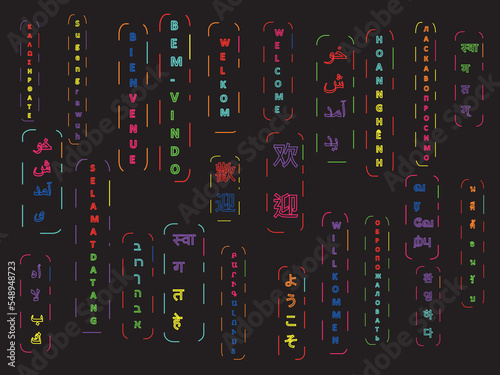 welcome word in different language neon lamp style doodle clipart illustration 