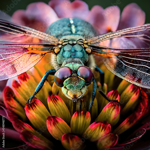 macro photography of a dragonfly in the middle of a flower