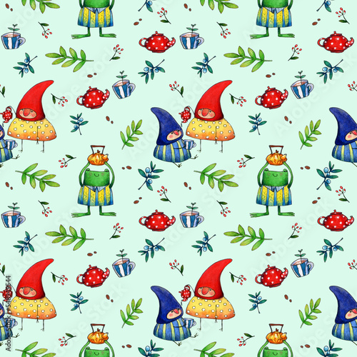 seamless watercolor pattern with gnomes, frog, teapot and cups and green leaves on a colored background.