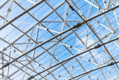 Internal structure of transparent roof with metal frame and glass