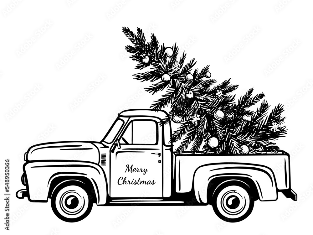 Black and white hand drawn illustration. Car with a Christmas tree ...