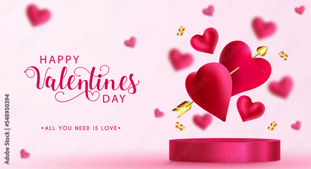 Valentine's day podium vector design background. Happy valentine's day text with stage product display presentation with couple balloons elements. Vector Illustration.
