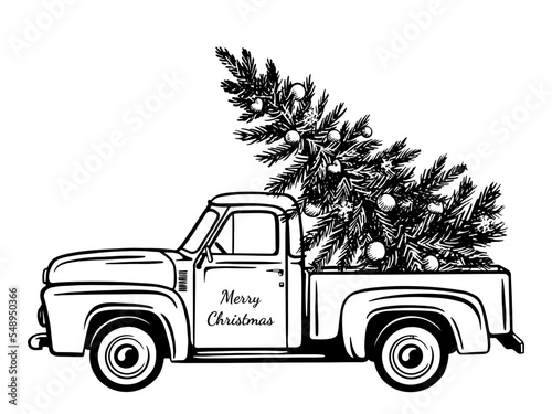 Black and white hand drawn illustration. Car with a Christmas tree. Delivery concept. Vintage engraving sketch.