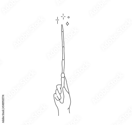 Vector isolated one wizard hand with magic wand stick colorless black and white contour line easy drawing