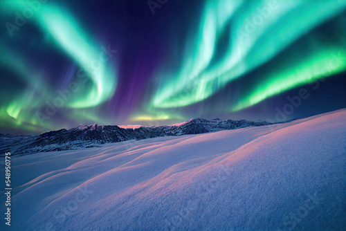 Northern Lights over lake. Aurora borealis with starry in the night sky. Fantastic Winter Epic Magical Landscape of snowy Mountains. 