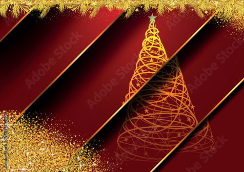 Christmas Motif with an Abstract Christmas Tree on a Layered Red Background w...