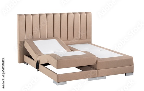 beige color electric boxspring mattress set , headboard bed base , sleep product , background isolated.	